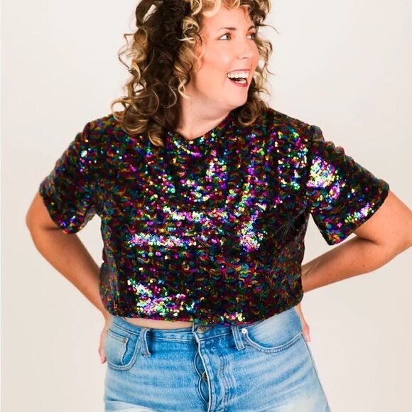 Fringe & Co NWT Rainbow Sequin Crop Top XXXL - Picture 1 of 10
